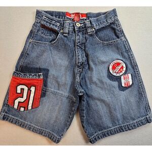 Vintage Y2K Southpole Boys Denim Shorts 16 Jean Cargo Style Red Patches USA Flag